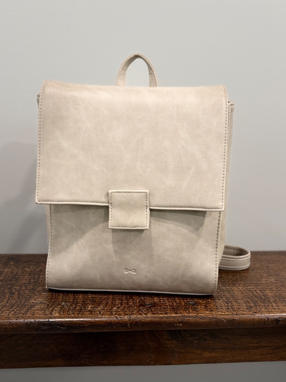 S-Q Inc. Jada Convertible Backpack Stone Beige Vegan Leather Flap Purse Medium 